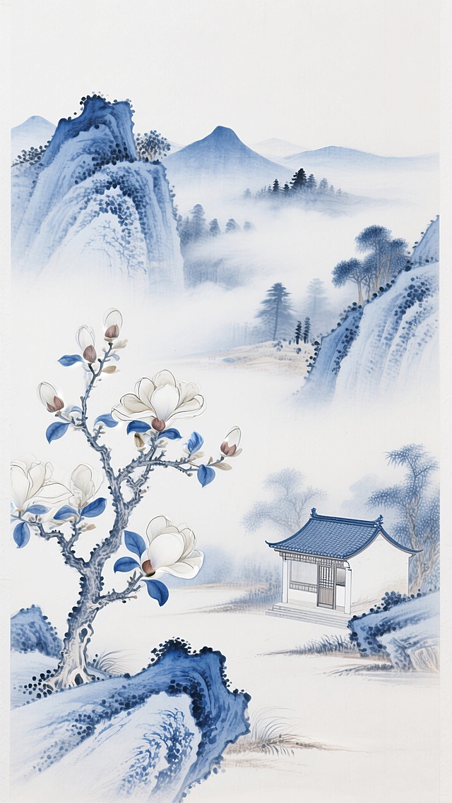 青花瓷背景，以钴蓝与白为主色调，远山，云雾，木兰花树，小房子，中式美学，纯白色背景