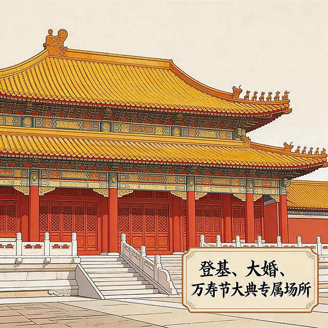 写实国风漫画功能特写格，呈现真实故宫太和殿特写，太和殿是故宫规模最大等级最高的大殿，殿顶走兽数量最多，文字标注“登基、大婚、万寿节大典专属场所”，写实国风漫画风格，色调贴合朱红、明黄、汉白玉白，贴合故宫实景