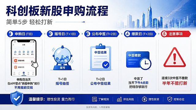 流程很简单：申购日当天在APP里点新股申购就行，不用提前交钱，T+1摇号，T+2公布中签，中签了当天下午4点前把钱存够就行，连续3次中签不缴，半年不能打新。