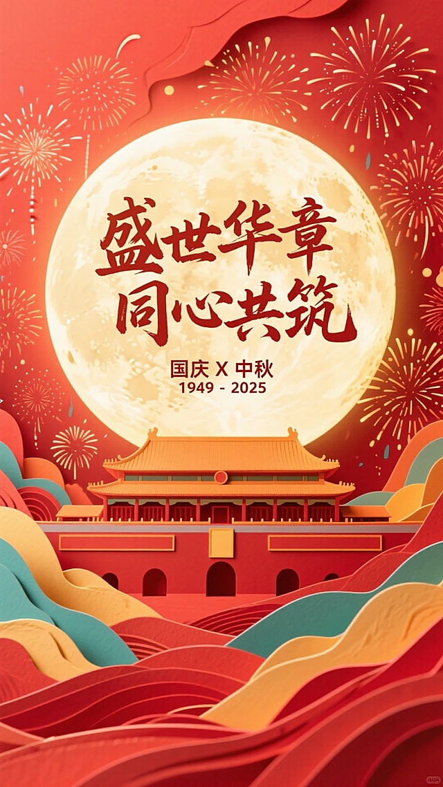 一轮巨大的圆月为占据画面中心的特写，写上盛世华章，同心共筑，字体为毛笔字，中间是国庆X中秋 ，1949-2025，中间生成一个故宫在月亮中间，故宫占比放大，整体红色喜庆，有烟花绽放，有层次感，占比较大，画面占比全屏