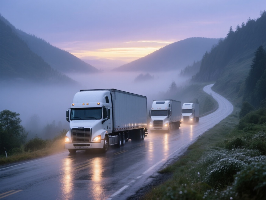 写实风格的运输车队场景，清晨薄雾笼罩的蜿蜒山路，三辆白色大型集装箱卡车首尾相接行驶在湿漉漉的柏油路面上，车头前灯和尾灯在雾气中形成朦胧光晕，远山在晨曦中若隐若现，天空呈现清冷的蓝紫色调并点缀着几缕金色霞光，道路两侧是覆盖着露珠的绿色植被，整体画面光影柔和细腻，营造出宁静而专业的运输氛围，车辆金属质感与湿润路面的反光细节清晰，构图采用三分法突出车队的延伸感和道路的纵深感。预览效果