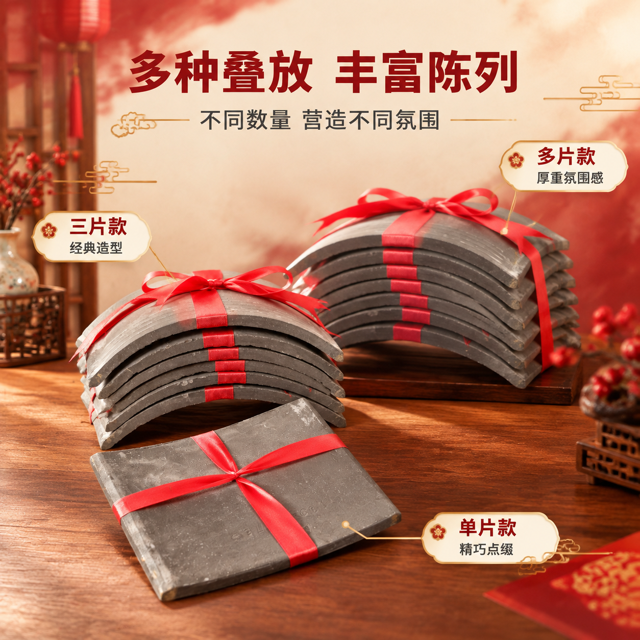 [商品] 使用【图3】【图5】瓦片捆红绳节庆桌面摆件；保留瓦片… - 图片创意预览