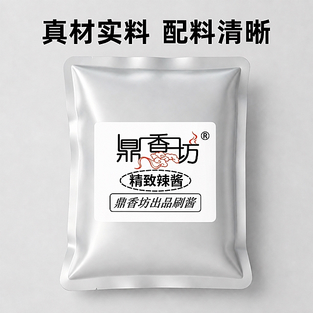 将图中银色铝箔袋正面的白色产品标签彻底替换为参考图image10中的标签样式，保持标签居中位置、大小和透视角度不变，其余画面（浅灰色背景、上方黑色大字“真材实料 配料清晰”、铝箔袋材质光影）全部保持不变，整体画质清晰自然