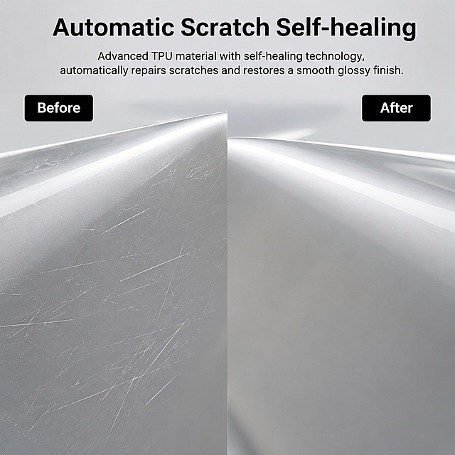 [Main image 2] Self-healing function demonstration for car paint protection film
[Atmosphere Style] Professional functional display, objective technical presentation
[Image Quality] Ultra HD commercial photography, clear texture, soft lighting, high definition
[Elements] Main image is the large picture of the scratched PPF film after automatic repair. A split contrast design on the same canvas: left side shows scratch before repair, right side shows the scratch gone after self-healing. Background is low-saturation light gray gradient. Keep the film material consistent with the original image, no distortion. Text labels clearly identify the before and after areas. Core function text positioned at top, no covering the comparison area
[Lighting] Soft side lighting highlights the film surface texture, clear contrast between scratch area and repaired area, natural layering
[Color Matching] Mainly light gray background, transparent film with natural texture, black text labels for strong contrast
[Perspective Composition] Center layout, comparison areas evenly split, level perspective, full frame, focus on the contrast effect
[Text Layout] Top title reads "Automatic Scratch Self-healing", left box label "Before", right box label "After". Clear font, appropriate size, all English, clear readability, text does not overlap main subject
[Output Requirements] 1:1 square 2048x2048, 2K resolution, medium quality
[Negative Prompt] Blurred contrast, distorted product, unclear text, Chinese characters, watermark, extra decorations