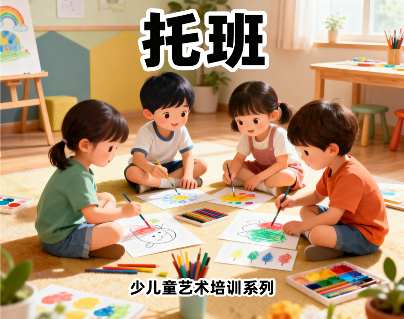 儿童艺术培训系列宣传海报，托班主题，画面包含可爱儿童玩耍互动元素，顶部有醒目标题文字“托班”，整体风格统一温馨，适合少儿兴趣班宣传，和前六张主题图为同一系列预览效果