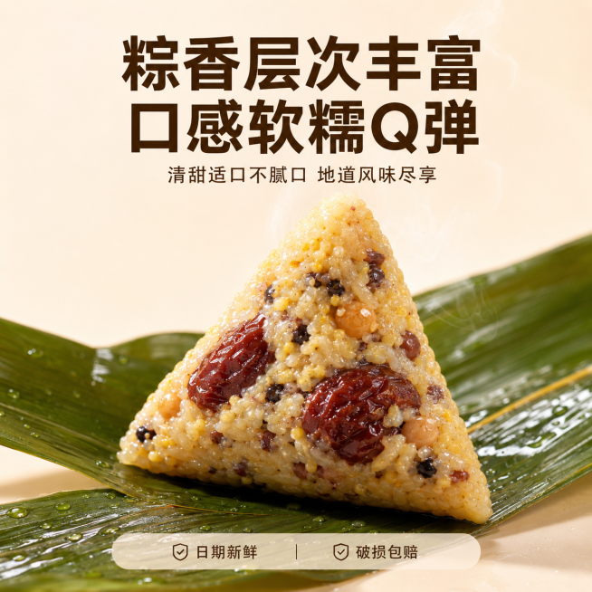 [主图-5] 小米杂粮粽整体口感卖点展示，促进用户下单转化。[氛围风格] 自然诱食风，突出软糯Q弹口感；[画质] 商业摄影质感、光线柔和通透、产品清晰真实、画面干净高级。[元素] 完整剥开的小米杂粮粽预览效果