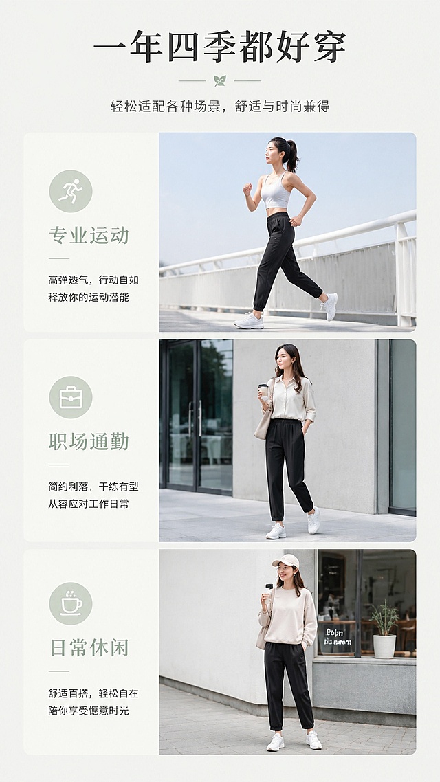 抖音9:16竖屏详情第七屏，多场景搭配展示，标题："一年四季都好穿"，分板块展示：专业运动、职场通勤、日常休闲三种搭配，每种搭配配短句说明，极简清新排版，低饱和背景