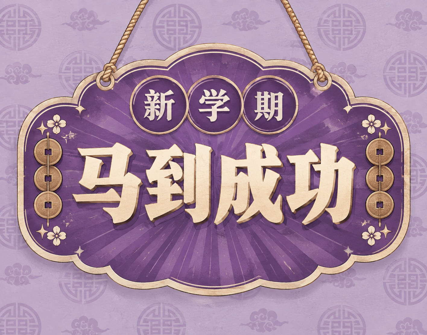 新学期主题复古挂牌风格小图，紫色系配色。画面中心是一个紫色复古… - 图片创意预览