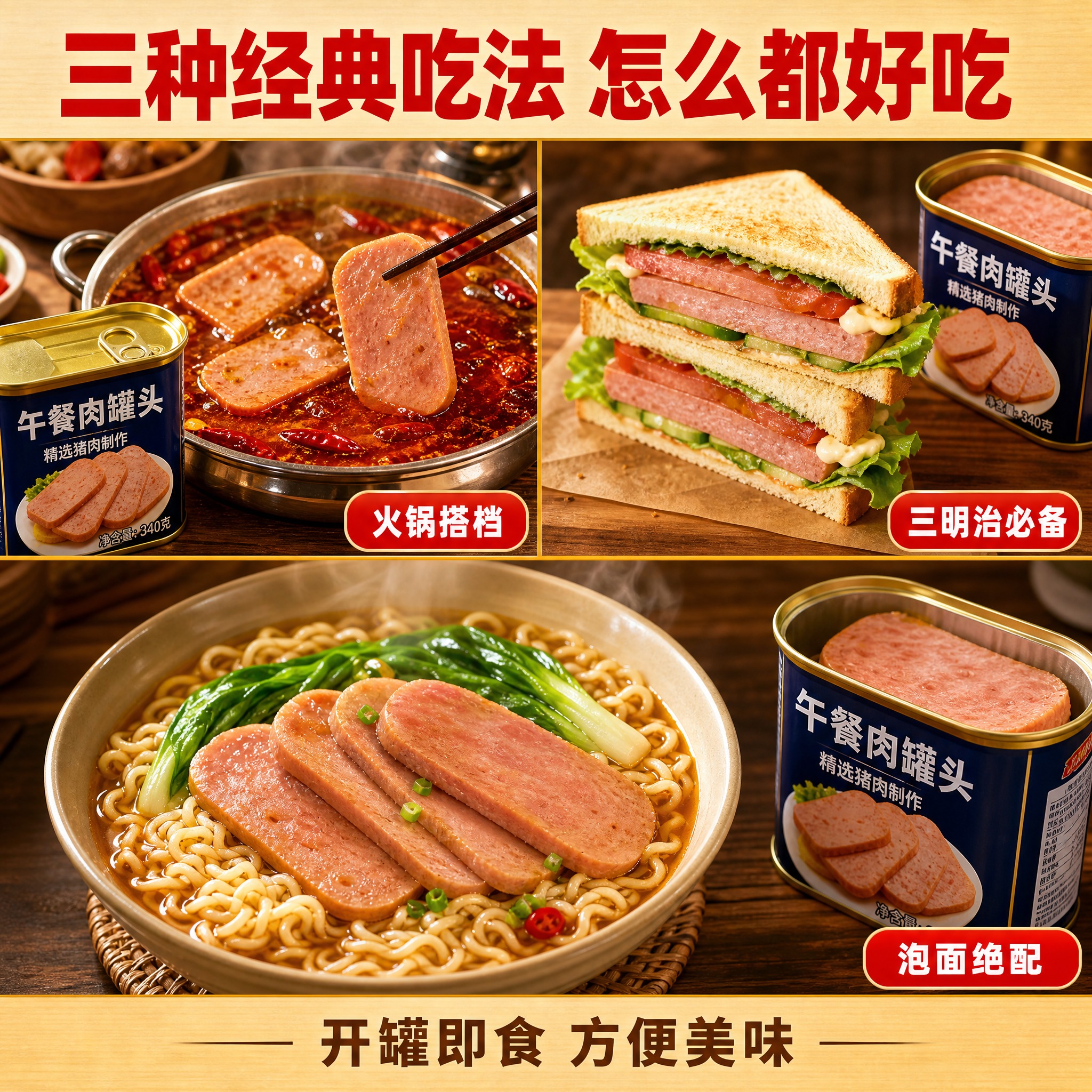 [主图-2] 拼多多午餐肉罐头第二张，展示多种美味吃法场景，强… - 图片创意预览