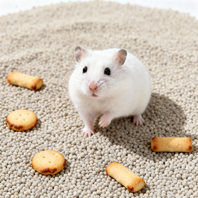 做一张效果图，一只白色仓鼠站在除臭颗粒上，四周放着四五颗仓鼠饼干预览效果