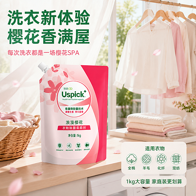 [主图-4] 阳台洗衣真实使用场景图，家庭衣物护理生活场景。
[氛围风格] 温馨家居生活感，阳光明媚的阳台洗衣场景，自然真实有代入感。
[画质] 商业摄影质感，自然光柔和，场景真实自然，产品清晰，超高清。
[元素] 产品袋放置在阳台洗衣区的白色台面上，占画面约40%，保持产品外观与输入图完全一致。旁边有白色洗衣机的局部，台面上有叠放整齐的干净毛巾和衣物，晾衣架上挂着清新的衣物随风轻摆。背景是明亮的落地窗，白色纱帘飘动，窗外有绿色植物和阳光。台面上还放着一个藤编洗衣篮，里面有柔软的衣物。画面中飘散着淡淡的樱花花瓣，营造留香氛围。整体是整洁温馨的家庭洗衣阳台场景。
[光影] 窗外自然光为主光源，透过纱帘形成柔和漫射光，色调温暖明亮；室内辅光提亮暗部，整体光影自然，有真实的阳光感和阴影，产品表面有柔和高光。
[配色] 主色暖白粉（阳台自然光与纱帘）；辅色木色（台面与藤编）、绿色（植物）；强调色樱花粉（产品与花瓣）、深绿色（文字）。色板与首图一致，场景色服从主色板。
[视角构图] 平视角度，产品在台面中央偏左，场景元素围绕分布，前中后景层次丰富，景深中等，背景自然虚化，生活感强。
[文字版式] 左上角大标题："洗衣新体验 樱花香满屋"，深绿色大号粗体。标题下方小字："每次洗衣都是一场樱花SPA"，粉色中号字。右下角信息卡片，圆角白底半透明："适用衣物 全棉 羊毛 化纤 混纺"，深绿色小字，配4个小图标。底部右侧小字："1kg大容量 家庭装更划算"。文字全部放在负空间，不遮挡产品主体和场景关键元素。
[输出要求] 1:1比例，文字清晰锐利，超高清商业摄影质感。
[负向提示词] 变形，文字错乱，产品图模糊，背景杂乱，水印，电商平台Logo，多余的手，畸形手，人物面部扭曲，肢体穿模。