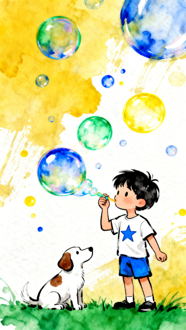 竖版儿童节主题海报，简约扁平卡通插画，粗黑勾线，无渐变无阴影，明亮高饱和色彩，画面下方是穿白星T恤、蓝短裤的小男孩，拿着泡泡棒吹泡泡，旁边跟着一只带棕色斑点的白色小狗，周围飘着蓝、绿、黄三色的透明泡泡预览效果