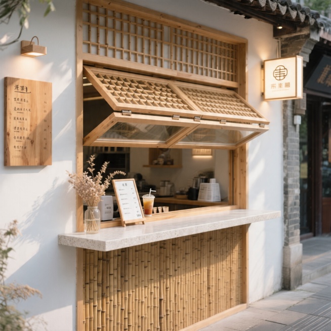 新中式禅意养生风临街饮品窗口，用竹木格栅做窗口造型，窗口台面是浅色石材厚台面，台面高度约100cm适合站立点单，窗口内侧设有推拉式小传菜口。窗口外有原木牌手写饮品菜单，窗台摆放干花装饰，侧面安装品牌l预览效果