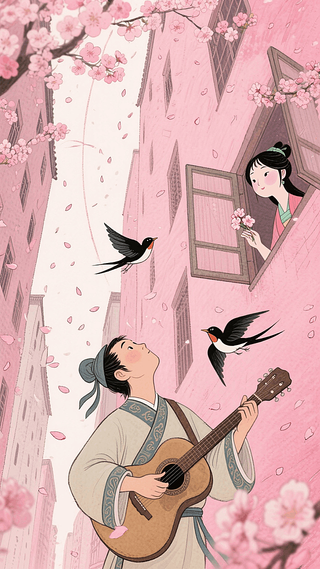 粉色调，中国神话的牛郎星弹着吉他抬头看着高楼窗户里探出头的织女，两只可爱的喜鹊为织女递上一朵桃花，漫天桃花瓣的街道，POV视角，仰视视角，纵深感