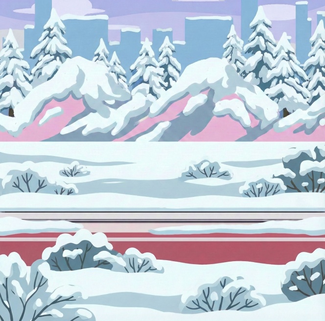 背景里平地上也增添一些矮小的树丛，上面盖着积雪。然后将这个场景图尺寸扩宽扩长，展示更多更大的雪景部分预览效果