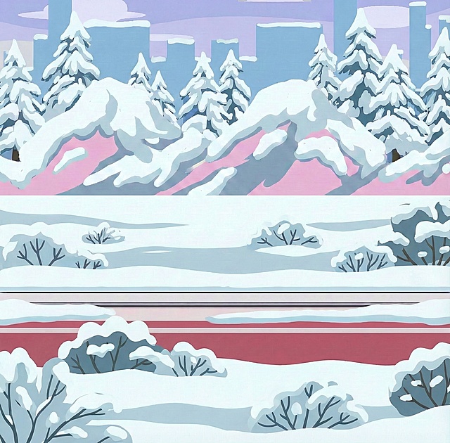 背景里平地上也增添一些矮小的树丛，上面盖着积雪。然后将这个场景图尺寸扩宽扩长，展示更多更大的雪景部分