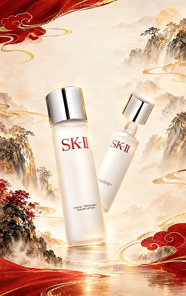 把第二张图中的 SK-II 双瓶护肤产品（一支大瓶正立、一支小瓶斜靠，白色磨砂瓶身配金属瓶盖）自然合成到第一张国潮背景图的中央留白区域，产品居中略偏下、占据画面中部主体位置、大小与画面比例协调；背景的中国红与鎏金水墨山水、祥云纹样、金色光晕完全保留不变，仅在产品底部添加柔和自然的投影，并让产品边缘受环境金光影响，融合自然、空间立体感强、画面高级干净；不要改变产品本身的造型、logo 与瓶身文字，不要添加任何新文字或水印