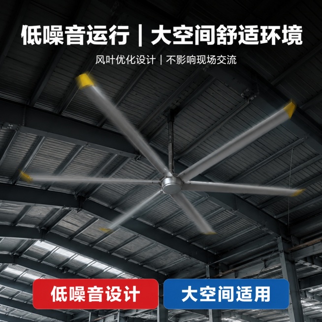 一共四张图1440×1440px尺寸
1440×1440px，工业风产品主图，从地面仰视角度拍摄，
一台白色6.1米6叶工业大吊扇悬挂在钢结构屋顶中央，扇叶完全展开，占据画面60%以上，
金属扇叶有预览效果