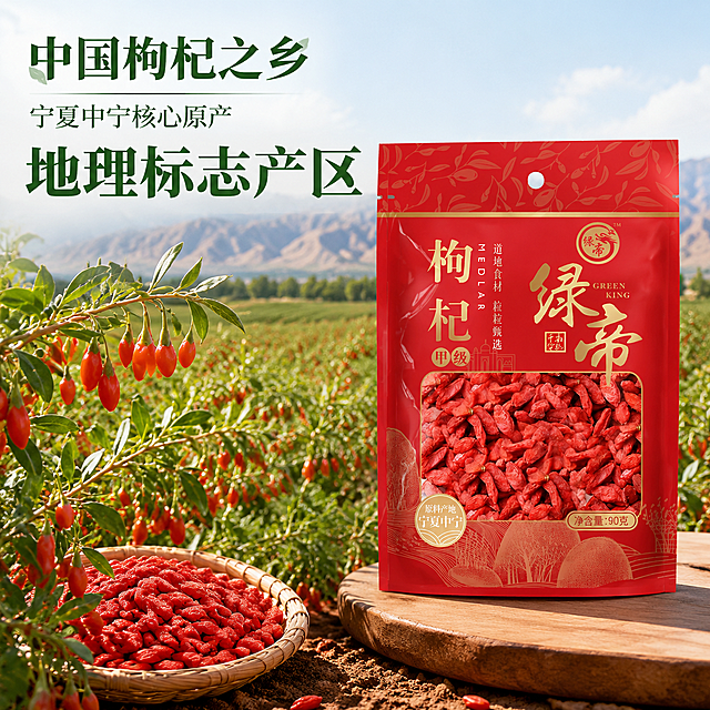 [主图-2] 绿帝枸杞产地溯源展示
[氛围风格] 真实产地风，自然新鲜，突出地理标志优势
[画质] 商业摄影质感，光线通透自然，产品清晰真实，画面干净高级
[元素] 保持绿帝枸杞产品包装袋外观与输入产品图绝对一致，杜绝任何变形和色差。包装袋放置在画面右侧，左侧融合宁夏中宁枸杞种植园实景，阳光下连片枸杞田挂着鲜红枸杞果实，画面清晰有层次。商品主体占比约70%，画面满屏无边框
[光影] 自然户外日光，温暖明亮，凸显枸杞鲜果和干枸杞的红润色泽
[配色] 主色枸杞红+农田绿，暖调背景衬托产品
[视角构图] 平视双区构图，左侧产地实景右侧产品，景深适中
[文字版式] 左上角大字体主标题“中国枸杞之乡”，下方小字“宁夏中宁核心原产”，大数字“地理标志产区”加粗放大，文字左对齐，深绿色字和浅绿背景对比清晰，不遮挡产品主体
[比例分辨率] 1:1 比例，2048x2048像素，4K分辨率，文字清晰锐利
[负向提示词] 变形，水印，文字错乱，产品图模糊，背景杂乱