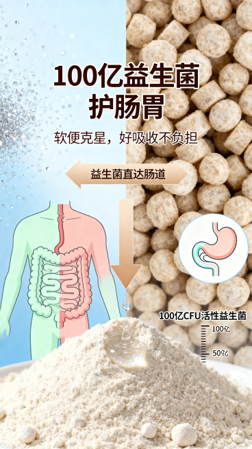 电商详情页第五屏，主文案“100亿益生菌 护肠胃”居中放大，粗黑深棕色字体，副文案“软便克星，好吸收不负担”在主文案正下方，纤细浅棕色字体，排版居中简洁专业。画面左侧为肠道示意图，健康肠道用浅绿区分，预览效果