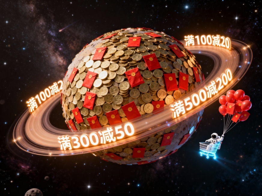 双11大促主题，宏大的太空场景，中心是由金币和红包构成的星球，星环上清晰可见“满100减20、满200减50、满500减200”的发光文字，一颗小小的发光购物车正朝着星球方向行驶，宇航员人物在太空中漂预览效果