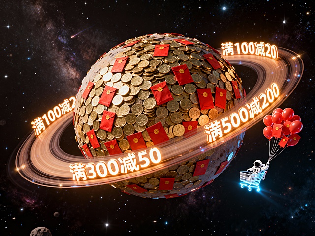 未来感与科技感交织的3D虚拟星球，鎏金硬币与红 envelope 构成行星表面，霓虹灯风促销信息环绕轨道，宇航员乘购物车飘浮，趣味十足的节日促销海报。