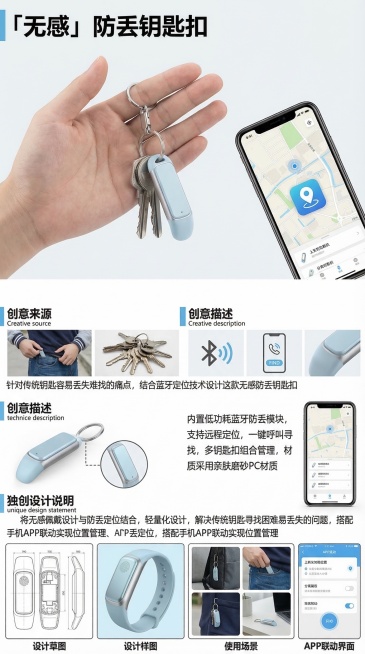 仿照示例图片版式设计““无感”防丢钥匙扣”创意海报，包含作品名称“「无感」防丢钥匙扣”，包含创意来源、创意描述、独创设计说明、设计草图、设计样图几个板块，整体排版清晰，图文结合，现代简约设计风格，产品预览效果