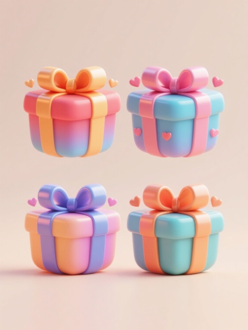 3D立体风格的礼物盒设计，4个不同配色、不同样式、不同材质的礼物盒，每个礼物盒都有立体感十足的大蝴蝶结，表面有渐变色彩和光泽感，带有精致的边缘高光和阴影细节，周围点缀着小爱心装饰，整体呈现出圆润可爱的卡通造型，上下两行对齐排列在浅色背景上，营造出欢快、喜庆的双11促销氛围，画面简洁明快，充满节日购物的愉悦感。预览效果