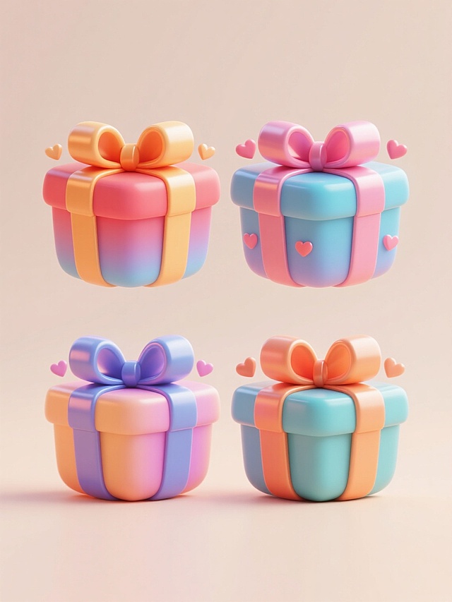 3D立体风格的礼物盒设计，4个不同配色、不同样式、不同材质的礼物盒，每个礼物盒都有立体感十足的大蝴蝶结，表面有渐变色彩和光泽感，带有精致的边缘高光和阴影细节，周围点缀着小爱心装饰，整体呈现出圆润可爱的卡通造型，上下两行对齐排列在浅色背景上，营造出欢快、喜庆的双11促销氛围，画面简洁明快，充满节日购物的愉悦感。