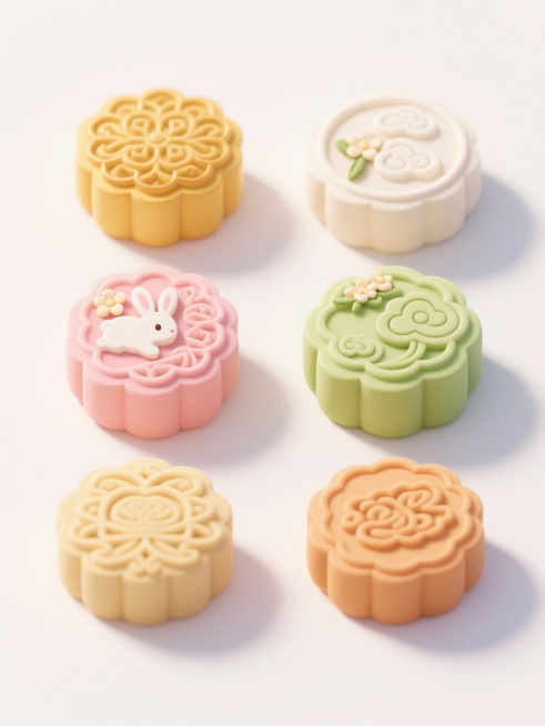 可爱卡通风格，6个不同样式、不同材质、不同配色的月饼整齐排列在白色背景上，月饼表面有精致的传统花纹，部分月饼带有立体浮雕效果，色彩包括经典的金黄色、奶白色、粉色、绿色等，搭配简约的月饼相关元素如小巧的桂花、玉兔剪影、祥云图案，整体色调明快柔和，光影呈现柔和的立体效果，边缘有轻微的渐变晕染，充满节日氛围与温馨感。预览效果