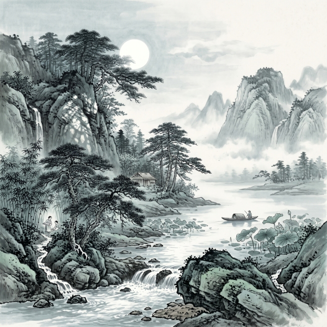 An empty mountain washed by fresh rain, autumn deepening at dusk, bright moonlight filtering through预览效果