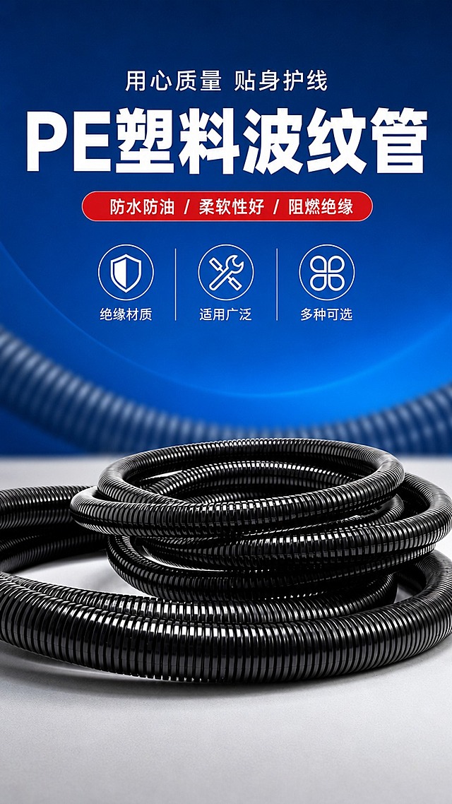[商品] 使用【图2】的PE塑料波纹管；保留黑色波纹管壁结构、多圈盘绕堆叠形态、PE材质哑光质感、波纹间距与深度；商品本体不做任何形态修改，仅做商业精修增强质感与清晰度。
[画面] 目标：专业头图，建立产品第一印象。构图：上下分层，上方约40%为深蓝渐变标题区，下方约60%为产品展示区。主体：多圈黑色PE波纹管盘绕堆叠在画面下方，形成稳定视觉重心，产品占画面约55%。景别：中景。阅读动线：从上至下，标题→卖点icon→产品。前景：最前方一圈波纹管；中景：中间几圈堆叠；后景：虚化波纹管线条装饰。
[视觉] 套系策略：风格=工业五金专业商业摄影风；标题字=粗黑无衬线黑体（思源黑体Heavy）；正文字=常规无衬线体（思源黑体Regular）；主色=深海蓝（#0D47A1）；背景延展=顶部深海蓝到宝蓝的同色系渐变，底部过渡为浅灰白产品台面，做深浅层级与细腻工业质感；强调色=亮蓝色（#2196F3），仅用于小面积标签底、icon、高亮线；标题色=白色（深色区）/深海蓝（浅色区）；正文色=深灰蓝/中灰；组件=圆角红色卖点标签、白色线性icon、细线分割；光影=左前侧冷调柔光，突出管壁黑色质感与波纹立体感。
[文字] 顶部主标题"PE塑料波纹管"（白色粗体大字），上方小字"用心质量 贴身护线"（白色）；主标题下方红色圆角标签"防水防油 / 柔软性好 / 阻燃绝缘"（白字）；标签下方3个icon+文字横排："绝缘材质""适用广泛""多种可选"；底部产品区不遮挡。所有文字横排。
[规格] 单屏比例9:16竖版，分辨率1K，quality=medium，避免变形、错字、文字过小、产品颜色改变、管壁结构失真、极限词、平台Logo水印。
