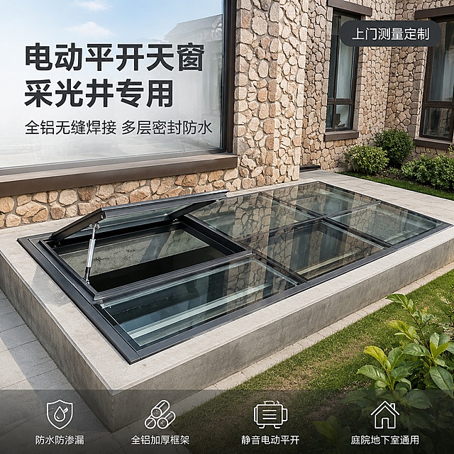 [单张主图] 电动平开采光井天窗 高级氛围感专业品质路线 真实庭院采光井安装场景首图 突出稳固防水电动开合三大核心优势
[画面主体] 电动平开玻璃天窗完整安装在庭院采光井上，深灰色全铝无缝焊接框架，透明钢化玻璃面板，其中一扇处于电动平开开启状态，清晰展示推杆电机与平开结构；保持天窗外观（物理结构、材质质感、颜色、框架形态、玻璃分格方式）与输入产品图一致，杜绝任何变形和色差，精细化处理；商品主体占画面约65%，天窗整体结构完整不裁切。
[构图版式] 真实使用场景型版式，天窗主体位于画面中下部偏中心，上方留出天空与建筑立面空间，左侧与右上为自然留字区，底部放置轻量卖点图标条；画面满屏无边框，场景自然真实。
[场景元素] 背景为现代别墅庭院一角，上部是文化石外墙与建筑窗户，中部为采光井天窗安装实景，天窗四周为整洁的混凝土地沿，右下角有少量绿色庭院植物与草地，地面干净整洁无杂物；天空为柔和自然光，整体呈现高端住宅庭院采光井真实安装效果；场景元素丰富但不抢主体，前中后景层次分明。
[文案版式] 左上负空间左对齐留安全边距，两行主辅文案不压天窗主体。主标题大字写"电动平开天窗 采光井专用"，深灰色最大号粗体无衬线；辅助短句写"全铝无缝焊接 多层密封防水"，约半高、同色略浅。右上放置"上门测量定制"深灰底白字小圆角标签留内边距。底部通栏极轻微半透明渐变蒙层均分四列，列内上图标下短句左对齐：列一盾牌图标+"防水防渗漏" 列二铝材图标+"全铝加厚框架" 列三电机图标+"静音电动平开" 列四房屋图标+"庭院地下室通用"；图标为简约线稿风格，文字为现代无衬线中号字，白字与浅灰底强反差，整体克制专业。
[光影质感] 白天柔和自然顶光，模拟真实庭院日光，光线均匀通透；玻璃有轻微环境反光与通透感，铝框呈现哑光金属质感与清晰接缝细节，开启扇的推杆电机有真实金属高光；天窗底部有自然投影落在混凝土沿上，光影方向一致，无廉价HDR，整体干净高级商业摄影质感。
[配色字体] 主色深灰铝框色+透明玻璃；辅色文化石暖米色、混凝土浅灰、植物绿点缀；强调色深灰蓝；字体为现代无衬线，字重克制，主标题粗重、辅助文案中等、底部卖点常规，层级清晰。
[比例分辨率] 1:1比例，2048*2048，2K分辨率，文字清晰可辨，超高清商业摄影质感。
[负向提示词] 变形，文字错乱，产品图模糊，背景杂乱，水印，电商平台Logo，牛皮癣大字，多余的手，多余的手指，畸形手，融合手指，手部扭曲，肢体穿模，人物面部扭曲，关节反折，产品边缘硬切，原图白底光影残留，悬浮感。