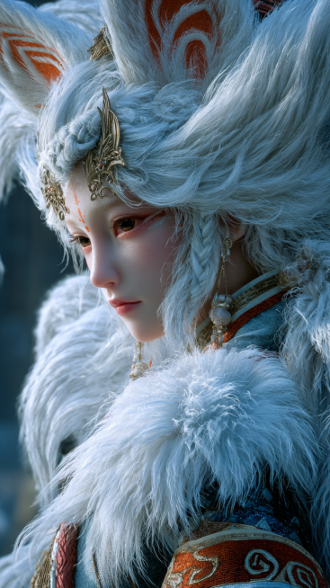 English prompt: A fox demon in the style of Shan Hai Jing, covered with snow-white and fluffy fox fu预览效果