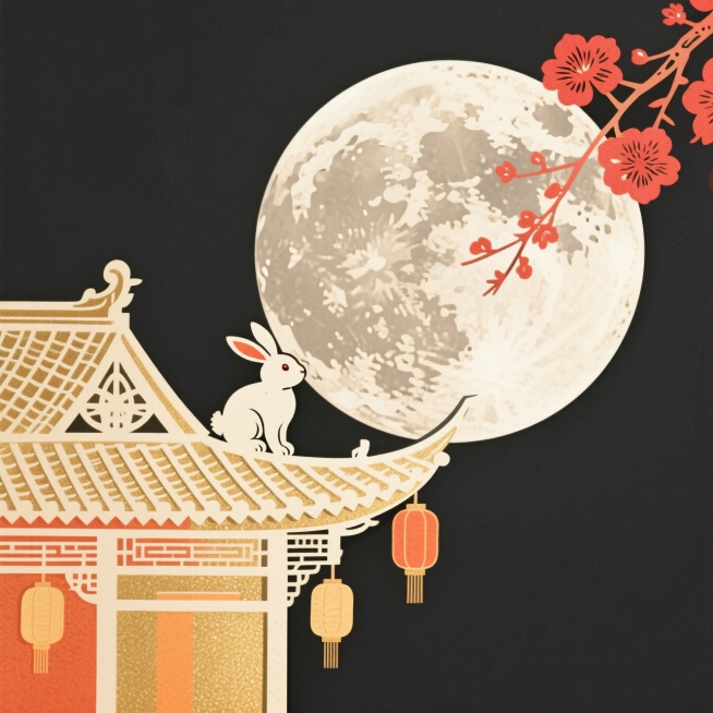 左下角是一座传统的中式建筑，屋檐飞翘，挂有几盏灯笼，一只可爱的兔子坐在传统中式建筑的屋檐上，面向一轮巨大的满月。整体风格采用了中国传统绘画与现代插画相结合的方式，色彩柔和，线条流畅。使用了温暖的色调，预览效果
