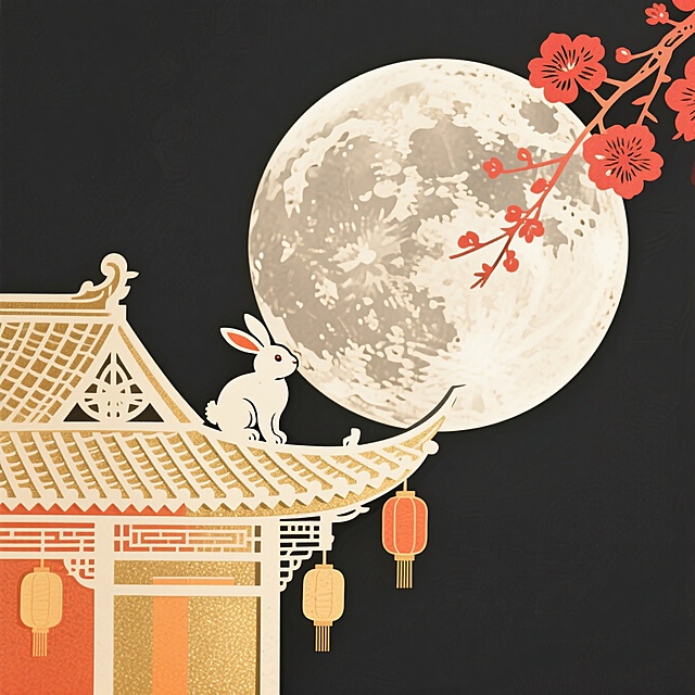中式剪纸风插画，古建筑屋檐上玉兔望月，红梅点缀，灯笼高挂，融合国潮元素，营造古典喜庆中秋氛围。