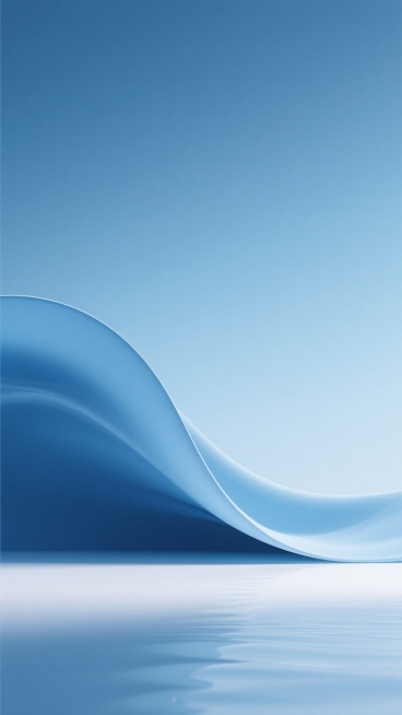 低饱和莫兰迪蓝调场景，深邃湖蓝至明亮天蓝平滑渐变，流动丝绸状波浪曲线，浅蓝至白渐变平面似平静水面，柔和漫反射光，现代简约干净留白的蓝色背景素材预览效果