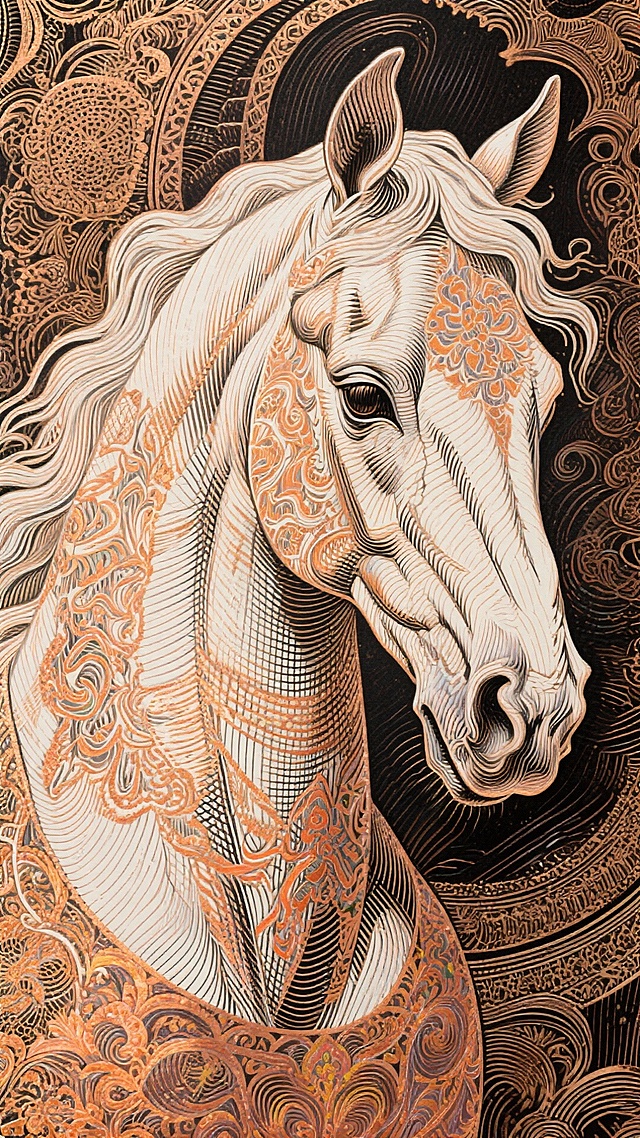 工笔风与浮雕风交织的骏马，鎏金线条勾勒出古典奢华，极繁主义纹饰点缀其间，尽显复古优雅与唯美意境。
