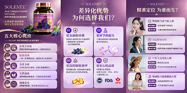一张高端营养保健品三折页正面展开图，横向三栏布局，整体紫金色调，优雅精致的商业设计风格。

【整体风格】紫金色渐变背景，细腻的珠光质感，高端大气，版式精美，信息分区清晰，文字清晰可读，四周留安全边距。

【第一栏（左页）- 五大产品亮点】
顶部大标题："五大核心亮点"
副标题："SOLENEE 阿萨伊胶原蛋白肽凝胶糖果"
下方以五个精致卡片纵向排列，每个卡片左侧有数字编号01-05，右侧为亮点标题和简短说明：
01 "抗氧天花板" 阿萨伊果领衔超强抗衰，10倍抗氧化力
02 "胶原双效" 一补一护紧致淡纹，直接补充+内源保护
03 "女性专研" 花养私密内外兼修，玫瑰+蔓越莓配方
04 "天然润养" 温和维稳适配敏感，亚麻籽油深层滋养
05 "健康安全" 0蔗糖易吸收，软胶囊剂型国际认证
卡片采用浅紫底+深紫边框，精致优雅。

【第二栏（中页）- 为什么选择我们】
顶部大标题："差异化优势 为何选择我们？"
下方四个优势模块以2x2网格排列：
01 "更全面的功效" 抗氧化+胶原补充+代谢调节+情绪舒缓+私密呵护，一站式健康管理
02 "更科学的配方" 三重抗氧矩阵与胶原双效模式创新组合
03 "更高的吸收效率" 软胶囊剂型，优质油脂为基底，脂溶性成分生物利用度高
04 "更安心的品质" 0蔗糖0反式脂肪，加拿大GMP、FDA、NPN三重权威认证
每个模块有大号数字编号+标题+简短说明，深紫色标题配浅紫底色块。

【第三栏（右页）- 四大客户画像】
顶部大标题："精准定位 为谁而生？"
下方四个客户画像卡片纵向排列：
画像一 "熬夜脸与黄气肌人群" 皮肤暗黄干燥细纹，三重抗氧矩阵提亮肤色
画像二 "高压职场女性" 熬夜加班焦虑疲劳，阿萨伊果+玫瑰理气解郁养气色
画像三 "户外与光老化人群" 晒斑暗沉松弛，外抗内补修复胶原纤维
画像四 "敏感肌与肠道脆弱人群" 皮肤敏感肠胃不适，天然温和配方0刺激
每个卡片有标题+特征痛点+解决方案，采用紫白渐变卡片设计。

【产品图】在第一栏顶部或角落放置一瓶SOLENEE阿萨伊胶原蛋白肽凝胶糖果产品图，深棕色瓶身配紫色标签，金色瓶盖，产品清晰完整。

画面中所有信息区域必须填充完整合理的内容，不得出现空白框、空白占位。所有文字必须清晰可读，字号适合阅读。整体呈现高端保健品品牌三折页的专业质感。