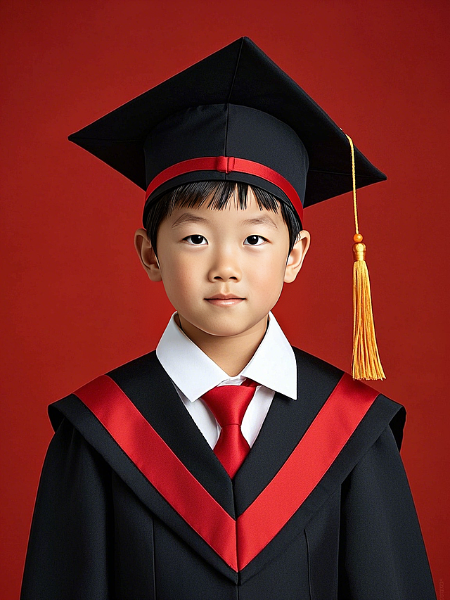 可爱孩童身着毕业礼服，插画风设计，现代清新，轻拟物质感，庆祝毕业时刻。