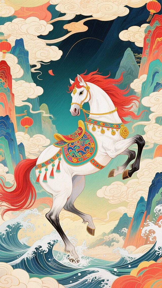 主体是饰有彩纹鞍具的浅白赤红鬃马（金眼，呈前蹄高扬、后蹄踏浪的腾跃姿态，充满神圣感），背景为充满喜庆感的山水、祥云、浪涛元素，整个画面充满动态感