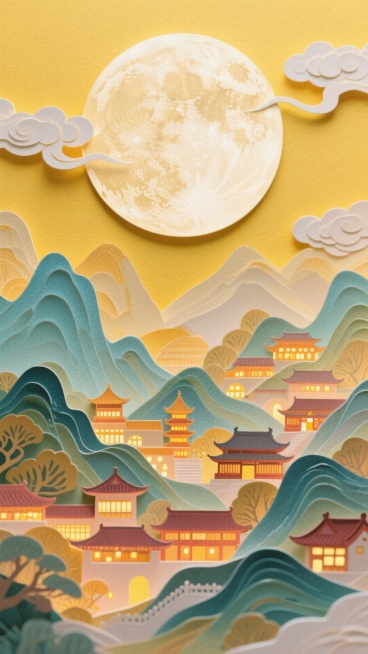 一轮巨大的圆月为占据画面中心的特写，底部以工笔风格呈现出全景的山峦叠嶂间呈现古今建筑里万家灯火渐变温暖的光影，祥云装饰，突显中秋节日氛围，黄色调基底预览效果