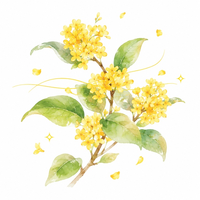 参考原图紫丁香花的水彩手绘风格，生成桂花素材，保留清新淡雅水彩质感，暖黄色调搭配绿色叶片，适合包装设计使用，无文字预览效果
