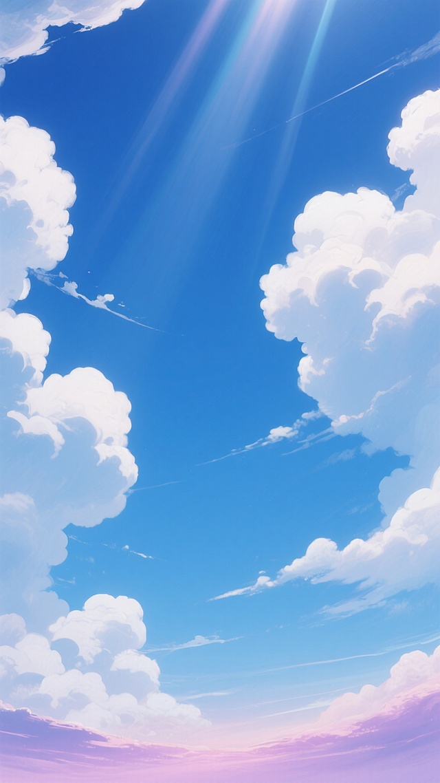 二次元风格蓝天白云插画，画面70%以上为广阔天空，天空呈现由上至下从深邃湛蓝到澄澈浅蓝的自然渐变，形态饱满的蓬松白云分布于画面四周，云朵边缘柔和且带有细腻的光影过渡效果，数道明亮的阳光光束穿透云层从上方洒落，底部云层边缘泛着淡淡的粉紫色霞光，整体色调以蓝色为主，营造出宁静、开阔、治愈的氛围，画面干净无任何文字和装饰元素，仅有纯粹的天空与云彩景观，光影柔和，色彩和谐，细节丰富，充满二次元插画的清新唯美感。