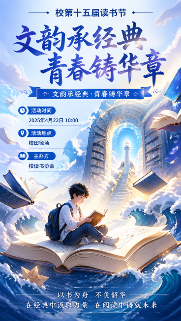 学校读书节活动海报，主题是文韵承经典·青春铸华章，活动名称：校第十五届读书节，活动主题：文韵承经典·青春铸华章，活动时间：2025年4月22日10:00，活动地点：校田径场，主办方：校读书协会，画面是预览效果