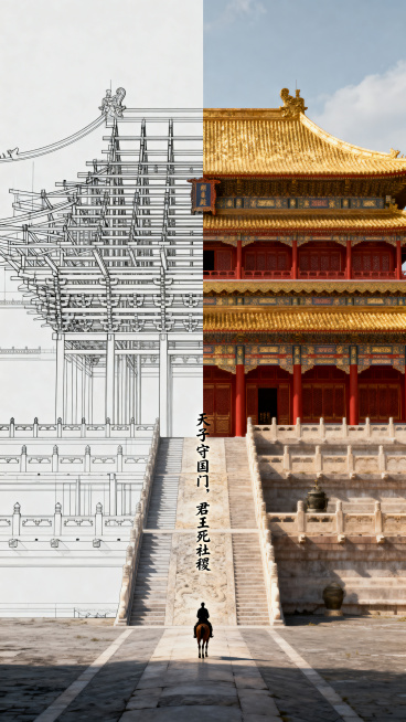 《天子守国门》——破土与雄心海报设计，主题是明代建筑开创。画面一分为二，一半是明代奉天殿复杂榫卯结构工程线稿，另一半是建成后金碧辉煌的实景重绘。建筑骨架下方是朱棣勒马远眺的渺小剪影，画面融入《明朝那些预览效果