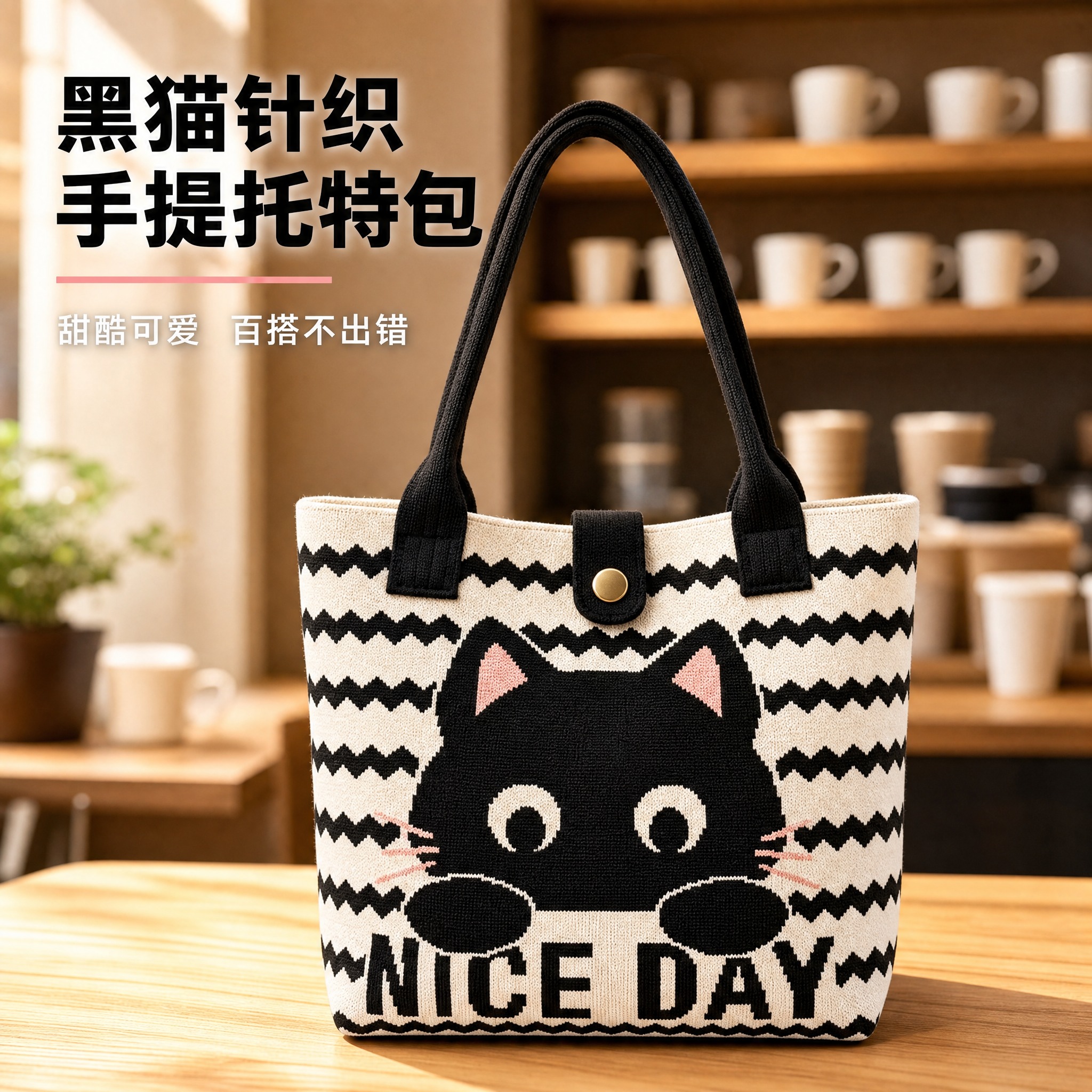 波浪纹黑猫款针织手提托特包 拼多多电商主图 1:1 [统一基调… - 图片创意预览
