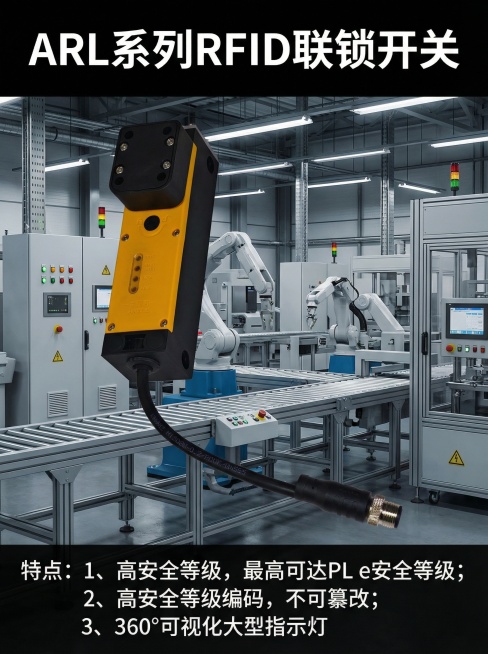 生成一张高清图，背景是工控自动化场景，标题是ARL系列RFID联锁开关，特点：1、高安全等级，最高可达PL e安全等级；2、高安全等级编码，不可纂改；3、360°可视化大型指示灯，预览效果