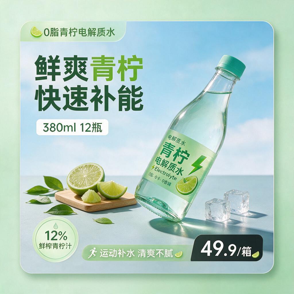 方形电商商业产品海报，青柠电解质水快消饮品宣传，整体调性清新明… - 图片创意预览