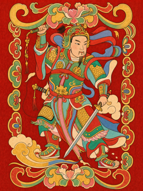参考第二张门神年画的传统国潮色彩风格，给第一张门神线稿上色，使用浓郁鲜艳的红、金、绿传统年画配色，保持原门神造型和祥云边框不变，做成完整的门神年画效果预览效果